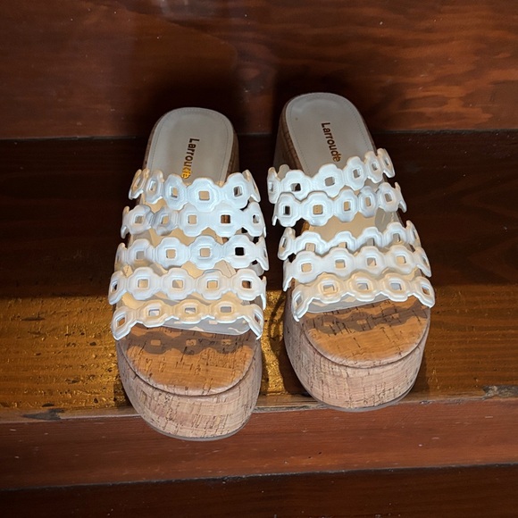 Larroude Cream and Tan Cut-Out Platform Mules
